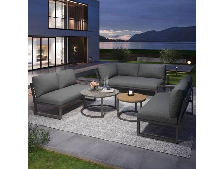 MIVRAY Salon de Jardin avec Canapé d Angle 6 à 7 Places 2 Tables Basses et Pieds Réglables en Métal Gris