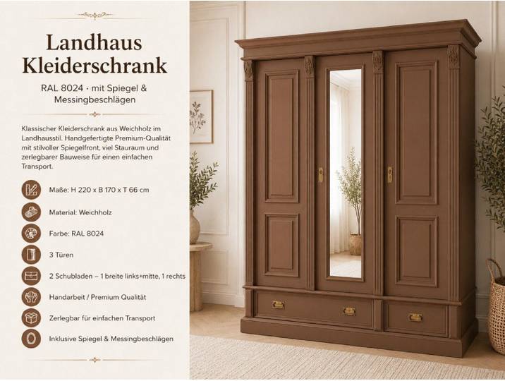 Wohnpalast Kleiderschrank Premium 3-türiger Kleiderschrank beigebraun – Weichholz, Landhausstil