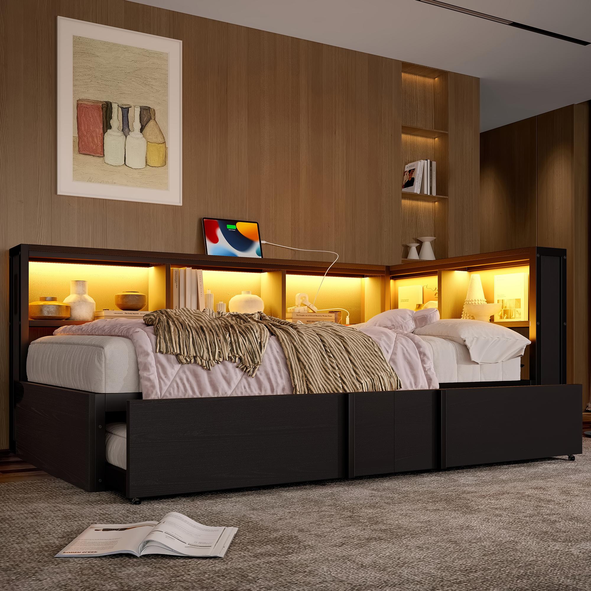 Metall-Tagesbett, 90 x 200 cm, mit Ausziehbett, Stauschränken, LED-Beleuchtung und USB-Anschlüssen, schwarz