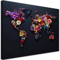 WANDBILD, Weltkarte bunte Blumen