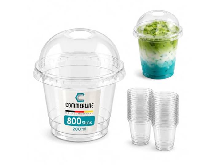 Commerline Smoothie Becher, 200 ml, 800 Stück, Slush Becher mit Domdeckel Transparentes R-PET, Plastikbecher mit Deckel, Dessertbecher, Bubble Tea Becher, Eiskaffee To Go, Trinkhalmöffnung