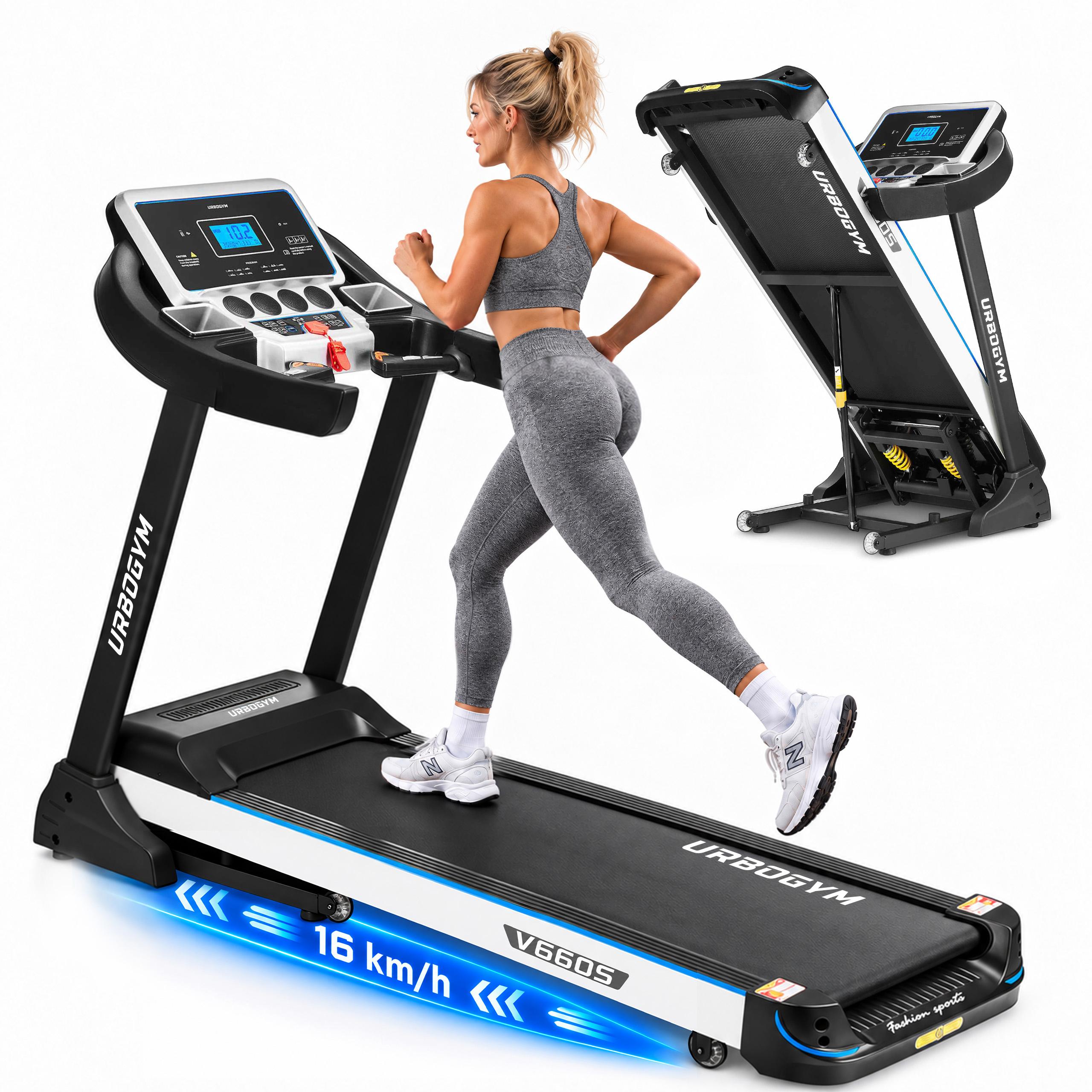 URBOGYM V660S Laufband klappbar bis 16 km/h, 140 kg, 46 × 126 cm Lauffläche, 15 Steigungsstufen, 12 Programme, Bluetooth, FitShow