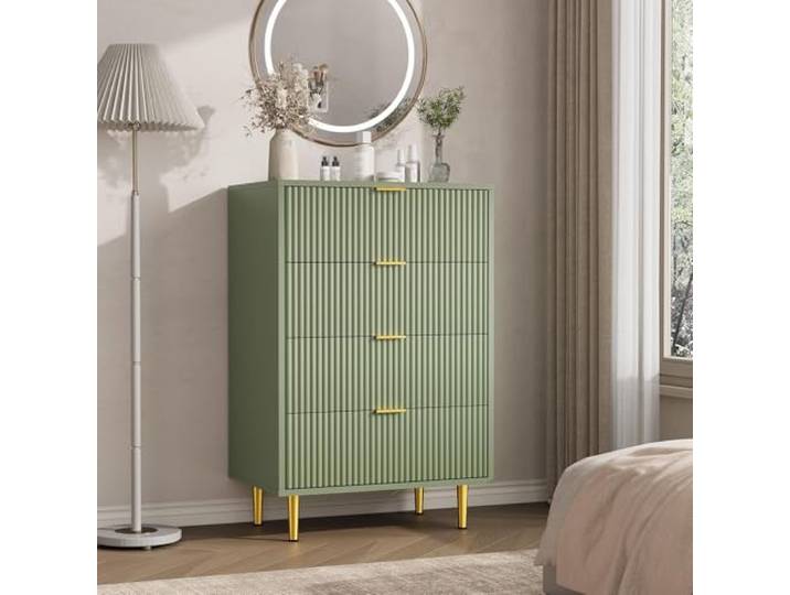 GarveeLife Kommode Wellenfront 4 Schubladen 60×40×94 cm Avocadogrün Goldene Griffe und Metallfüße verleihen der Kommode einen modernen Look für Schlafzimmer, Wohnzimmer und Kinderzimmer