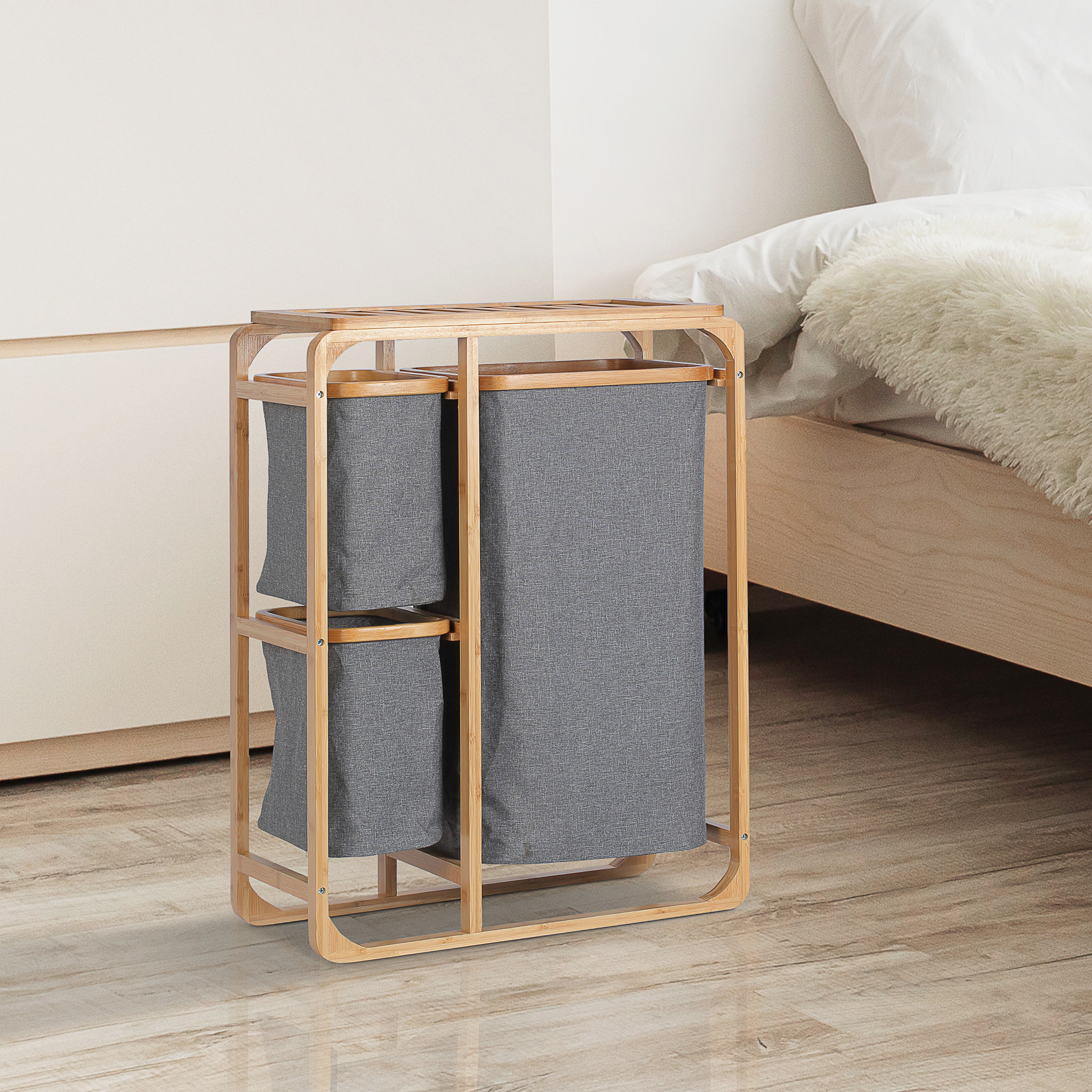 Homcom Cesto Portabiancheria con 3 Scomparti Estraibili in Tessuto e Bambù, 50x32x69.7cm Aosom