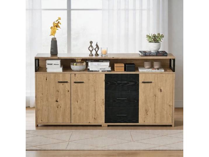 Buffet - 150x35x75.9 cm - 3 portes 3 tiroirs - Style industriel - Noir & aspect bois