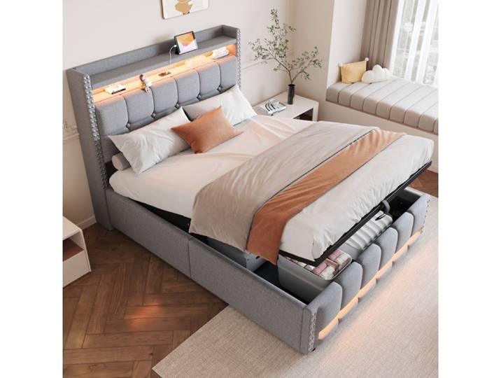 ULEVR lit double rembourre 140 x 200 cm gris clair avec LED USB tete de lit a etageres et coffre hydraulique
