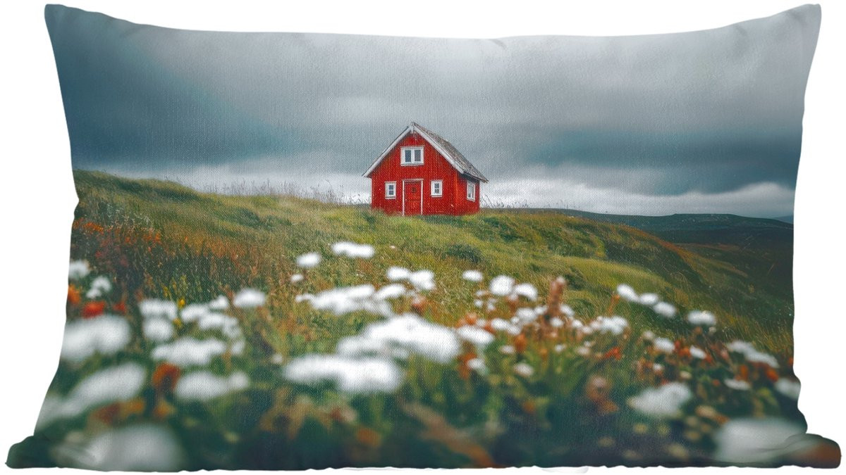 PillowMonkey Sierkussen Wit met Heuvel, Huisje en Bloemen - 50 x 30 cm