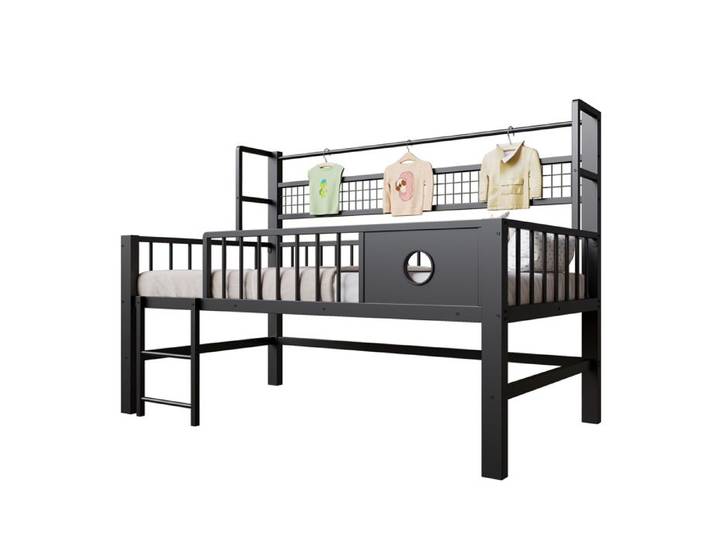 Kinderbett 90x200 cm lit mezzanine bas avec cadre métallique étagères noir pour enfants et ados