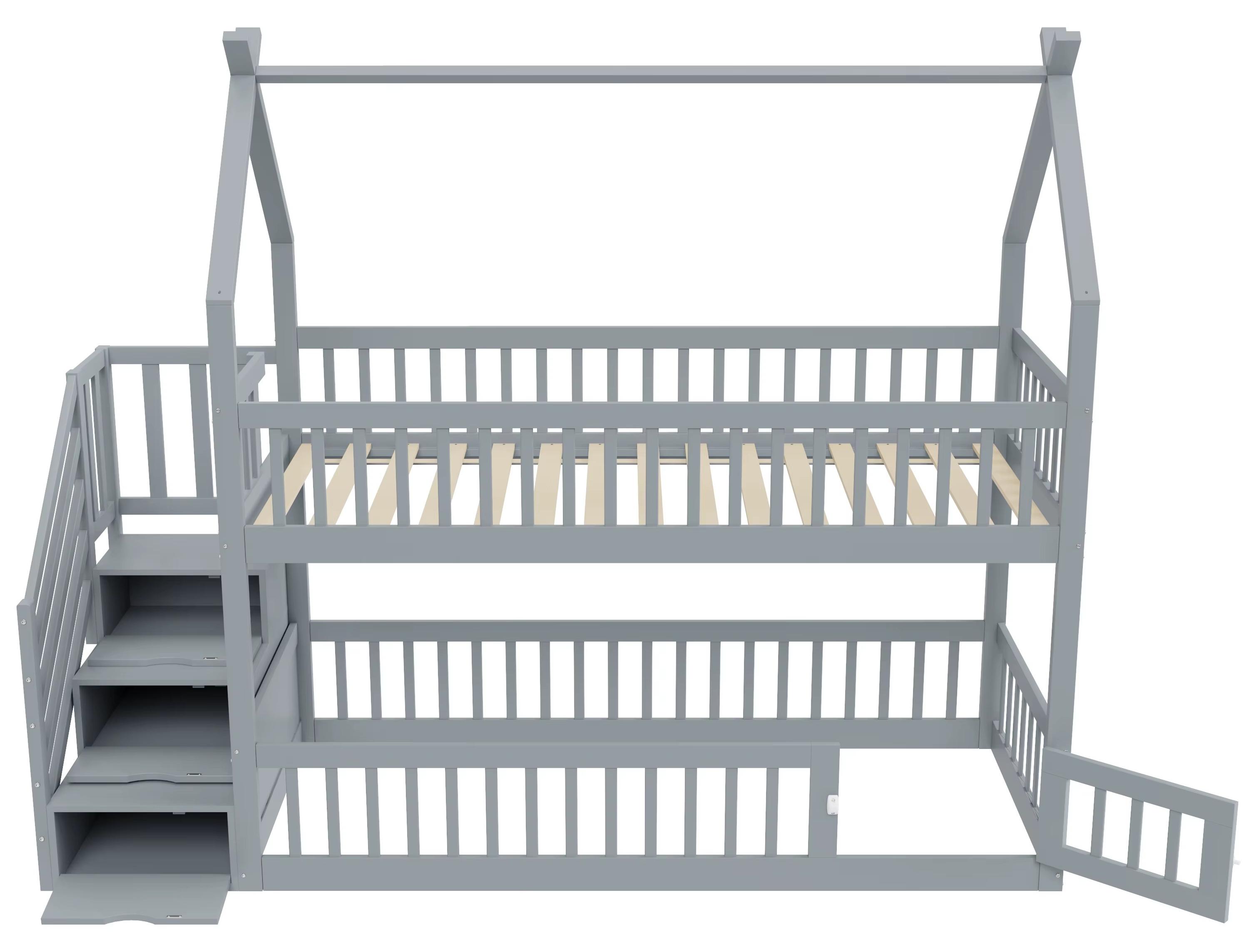 Kinder-Etagenbett - Massivholz - 90 x 200 cm - Mit Dach - Sichere Treppe - Aufbewahrungsschubladen - Dunkelgrau