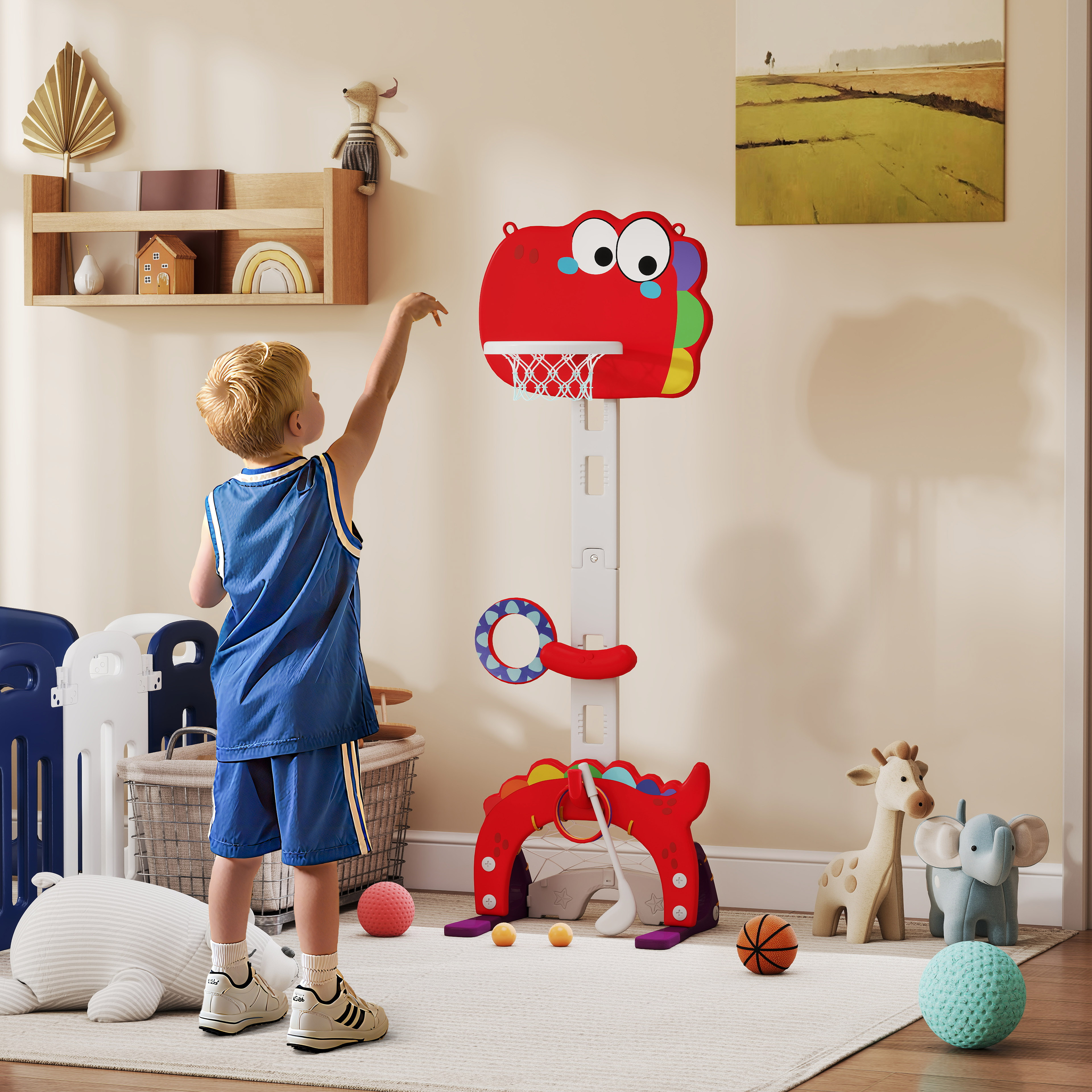 Aiyaplay Canestro Basket per Bambini 5 in 1 con Altezza Regolabile, Porta da Calcio e Golf, Età 3-6 Anni, Rosso