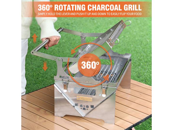 Nouveau gril Portable 360 en acier inoxydable, mise à niveau ° Grill à charbon de bois rotatif avec panier à retournement