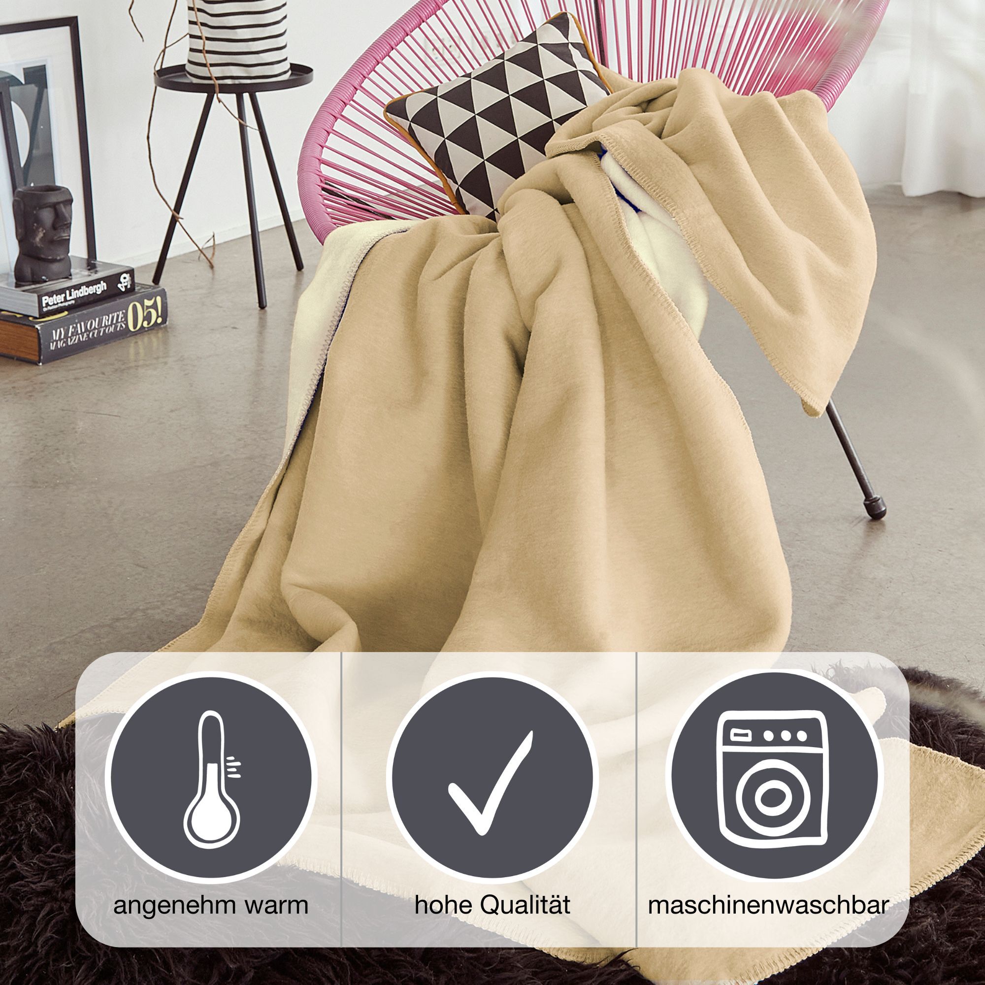 Wohndecke IBENA "Wohndecke Doubleface Dublin", beige (natur), B:150cm L:200cm, Baumwolle, Polyacryl, Polyester, Wohndecken, Wohndecke, in trendigen Farben