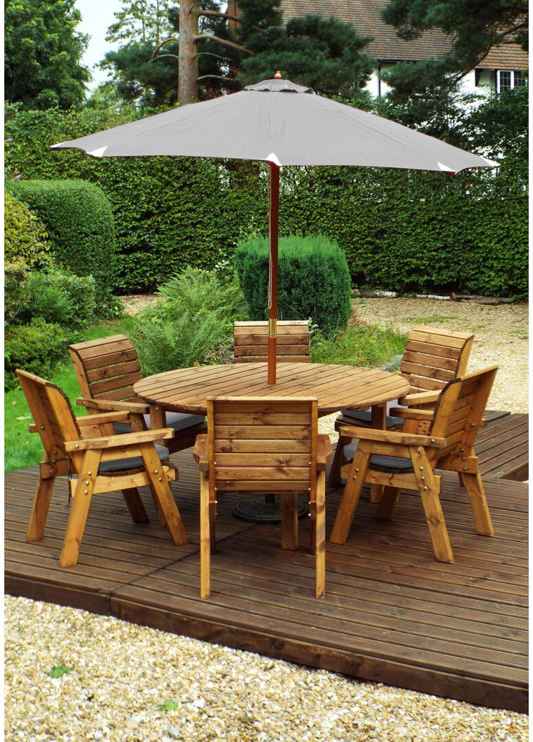 Union Rustic Faust 6 - Person Solid Wood Patio Dining Set Umbrella Hole Included Round Table with Cushions Included Grey 6