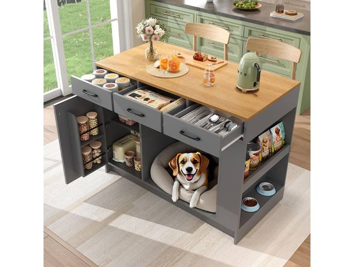 Buffet De Cuisine Îlot cuisine 3 tiroirs avec étagère à épices 120×60×90 cm gris