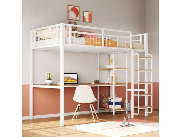 Lit mezzanine simple 90x200 cm avec échelle et étagères en métal blanc