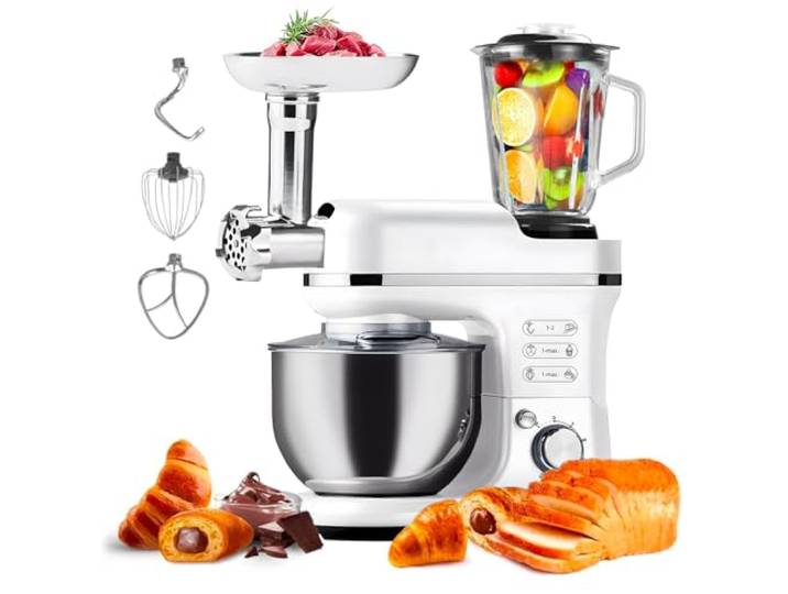 Avilia Planetarische Küchenmaschine mit Fleischwolf und Mixer aus Edelstahl 6,5 l 1900 W – 360° Rühren mit 6 einstellbaren Geschwindigkeiten und Pluse-Funktion für jede Art von Teig oder Creme