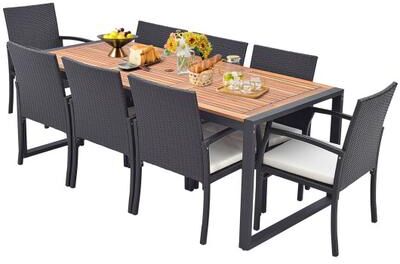 Costway 9 Pieces Patio Rattan Dining Set with Acacia Wood Table for Backyard, Garden-L-shaped Handrail