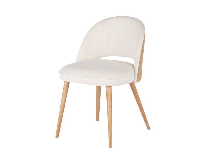 Stuhl mit beigem Bezug aus Polyester und Leinen, Beine aus Jute und Eschenholz