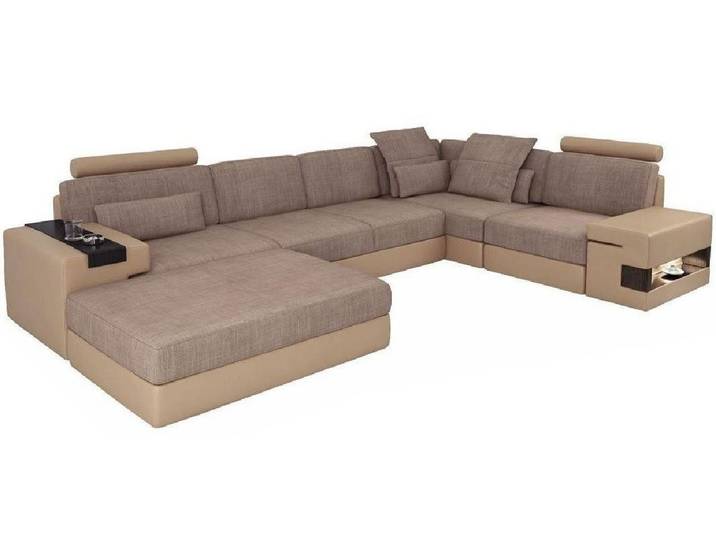 Xlmoebel Wohnlandschaft Modernes Leder-Ecksofa mit Hocker im eleganten Holzdesign, Ecksofa L-Form + Hocker, Hergestellt in Europa