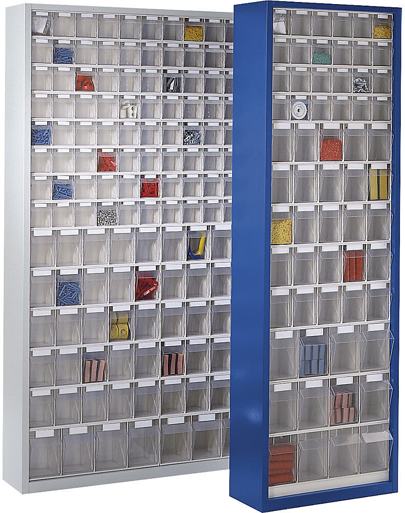 kaiserkraft Magazinschrank aus Stahlblech, mit 154 transparenten Klappkästen, lichtgrau