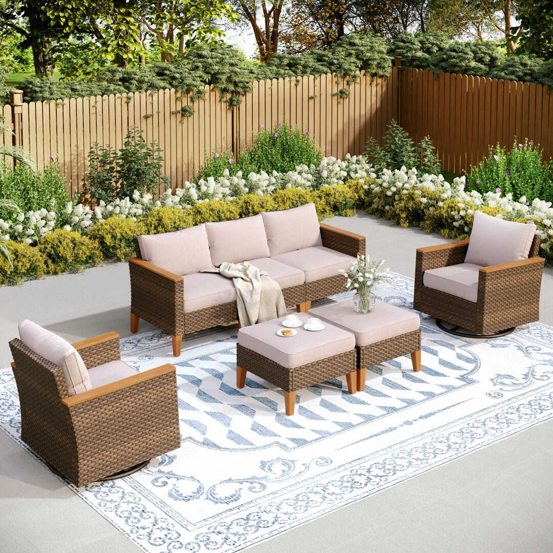 Blue Elephant Argyri Outdoor Wicker Patio Conversation Furniture Set With Swivel Chairs And Firepit Table Matte Black 7