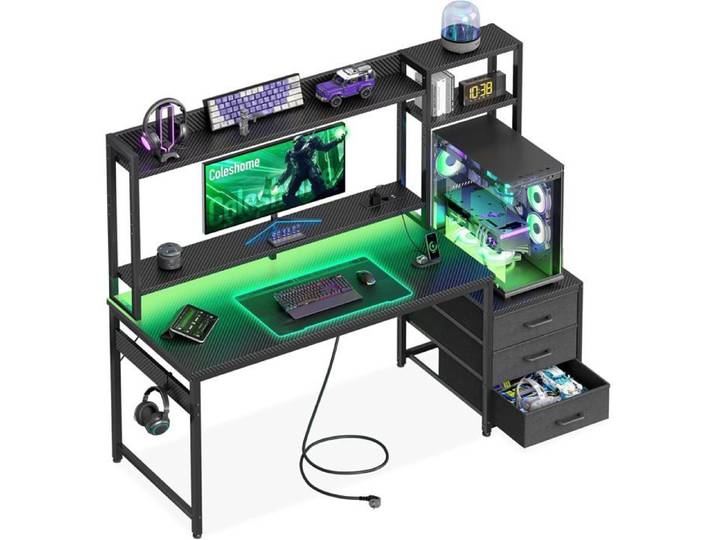 Bureau gamer noir fibre de carbone - - 137x48 cm - 3 tiroirs en tissu - Desserte - Support moniteur inclus