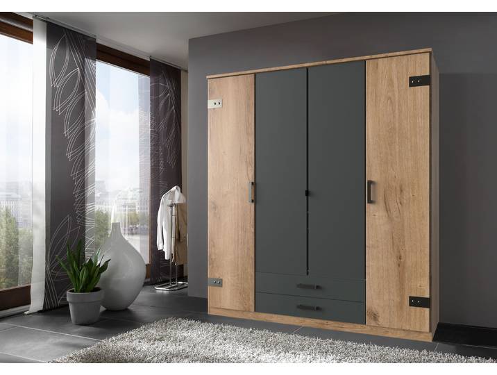 Kleiderschrank WIMEX Cork, mit oder ohne Spiegel, rustikaler Look im Industrial Design , grau (plankeneichefarben, graphit), B:180cm H:199cm T:58cm, Schränke, Kleiderschrank, wahlweise in 135cm oder 180cm breit, 58cm tief, 199cm hoch