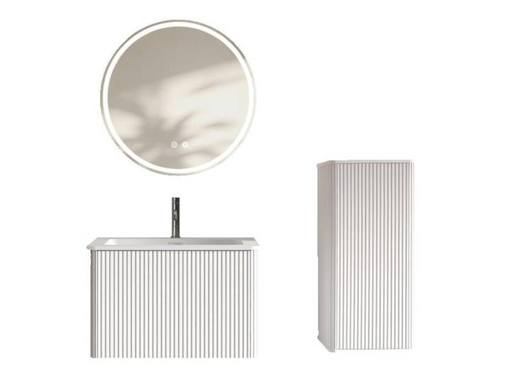 ROVRYN Ensemble meuble salle de bain suspendu 61 cm avec vasque blanche mate colonne et miroir LED rond