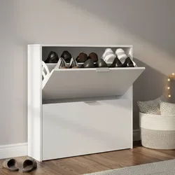Dmora Schuhschrank Louisville, Schuhschrank mit 2 Klapptüren, Schuhregal mit niedrigem Einstieg, Ein niedriges Möbelstück, 75x22h76 cm, Weiß
