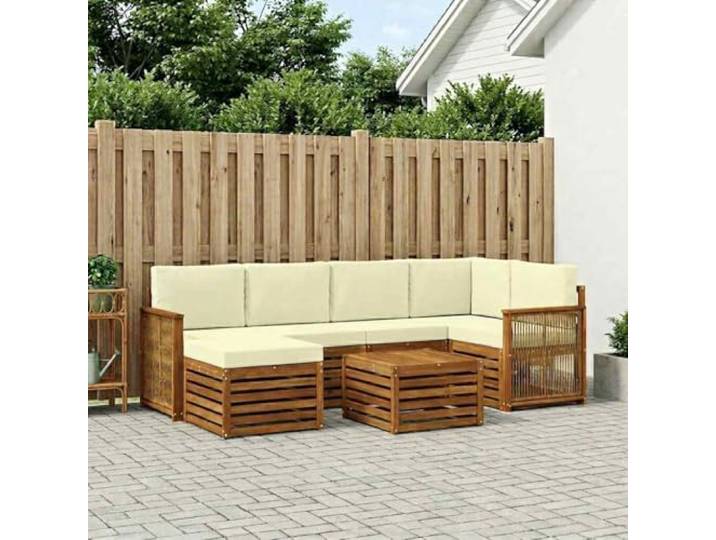 HFMDRMU Modulares Ecksofa Set aus massivem Akazienholz für Terrasse, 6-teilig mit Kissen in Natur und Creme