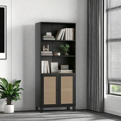 VIVIADORE 5-Tier Tall Bookcase with Rattan Cabinet Doors,Modern Wooden Storage Shelf with Closed Storage