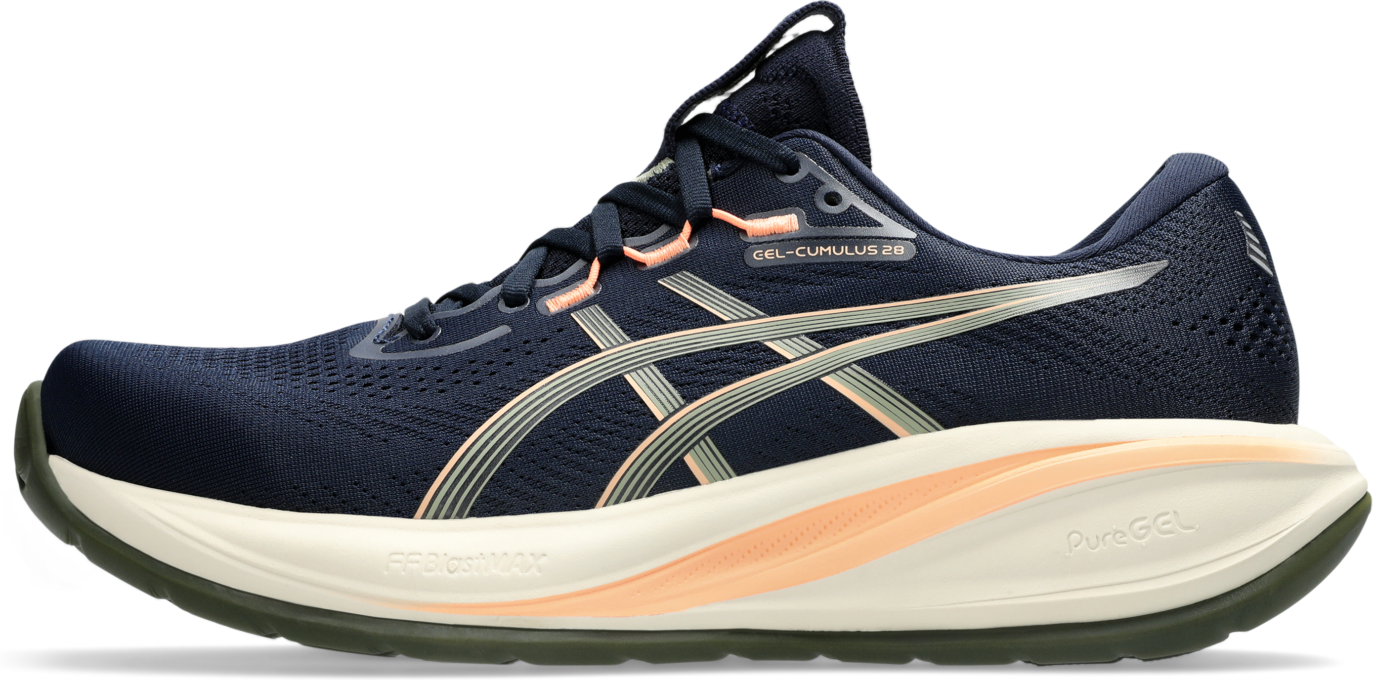 Laufschuh ASICS "GEL-CUMULUS 28", Herren, Gr. 49, blau (midnight, khaki grün), Synthetik, Schuhe Laufschuh, mit PureGEL Dämpfung, mit FF BLAST MAX Mittelsohlen-Foam midnight, khaki grün 49