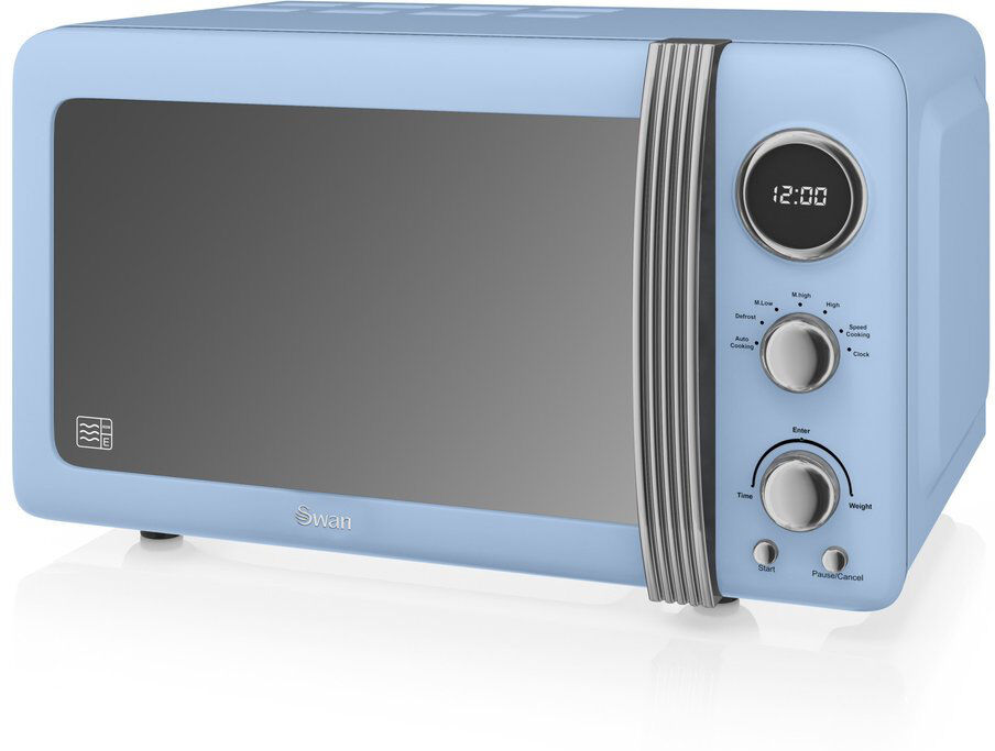 Swan Retro LED Digital Microwave with Glass Turntable, 5 Power levels & Defrost Setting, 20L, 800W Blue 25.2cm H X 44cm W