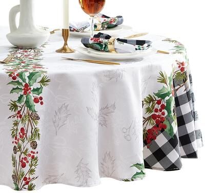 Threadmade Holly Farmhouse Charm Holiday Fabric Tablecloth