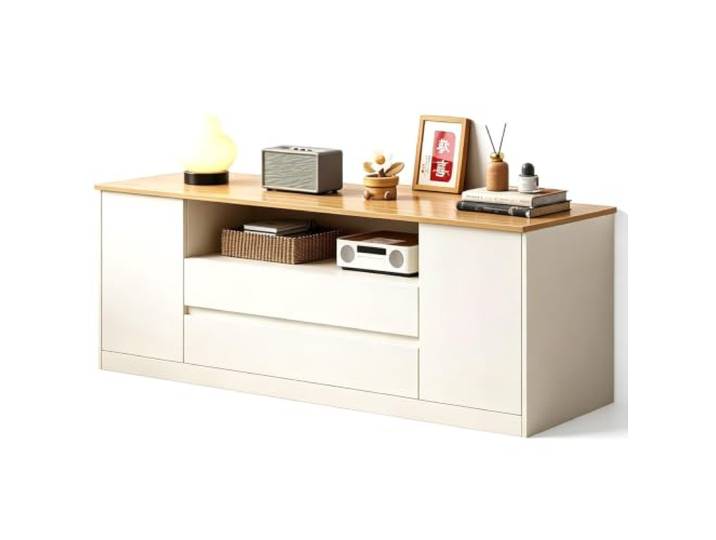 Tv Board mit Unterteiltem Stauraum, Tragkraft 50 Kg, Tv Schrank Hoch Tv Möbel mit Auszügen und Verstellbaren Regalböden, für Wohn und Schlafzimmer(White,140cm)