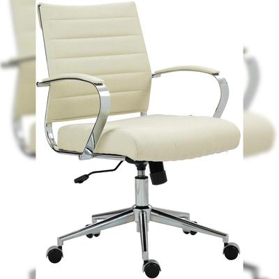 Décoshop26 - Ergonomischer Bürostuhl mit Rollen cremefarbenem Stoffbezug und verchromten Metallteilen 10_0007080 10_0007080
