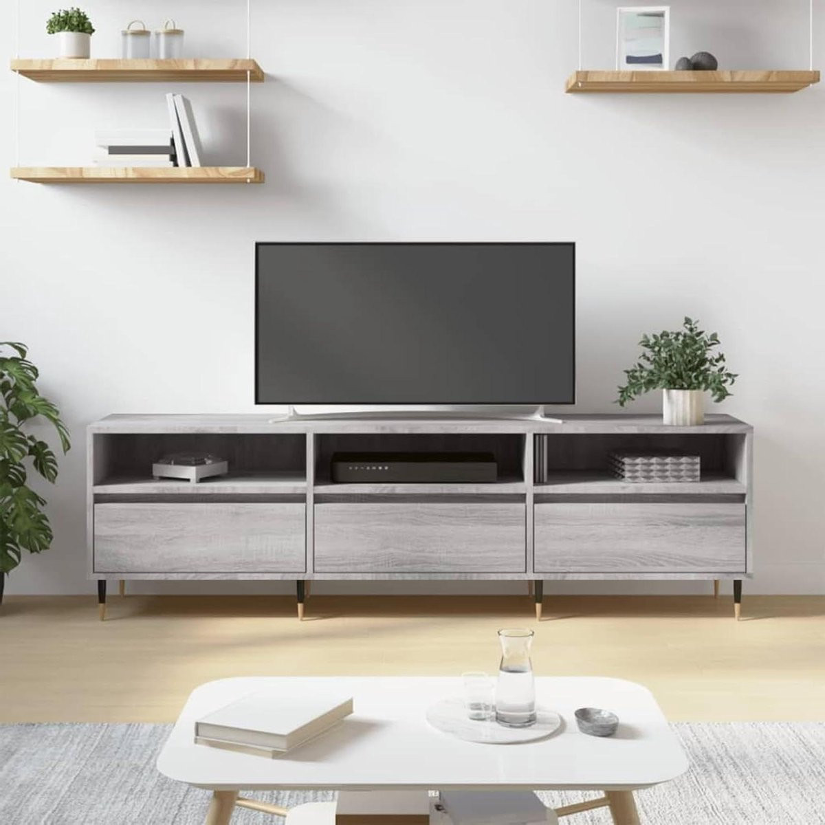 Moderne houten tv-kast met zes vakken in grijs Sonoma, Breedte: 150 cm