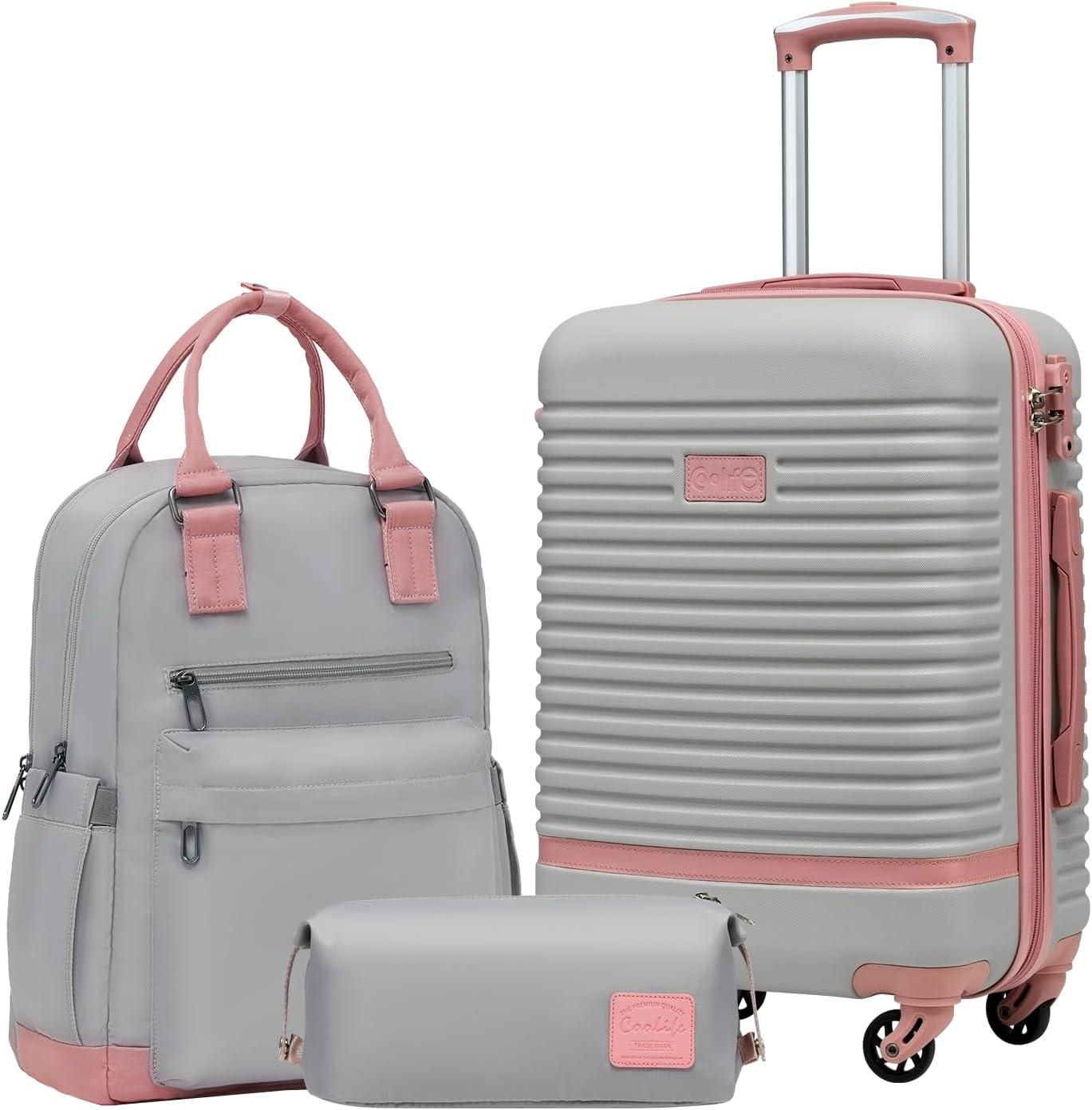 Reisegepäck-Set, 3-teilig, mit hartem ABS-Außenschalen, TSA-Zahlenschloss und 4 Rollen, in Grau/Rosa