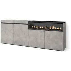 SKRAUT HOME Sideboard, Schrank, Küche, Sideboard, Dielenschrank, 200x35x75cm, 4 Türen, Elektrischer Kamin, Moderner Stil, Zementgrau _ 61_15