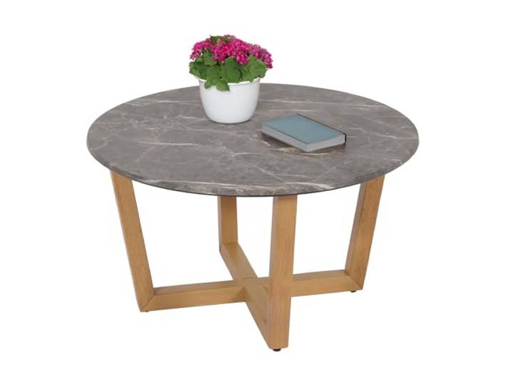 Mendler Couchtisch HWC-M61 Massiv-Holz Marmor/Stein-Optik, helles Gestell Beistelltisch, Sofatisch, HDF Laminat Melamin Ø80cm