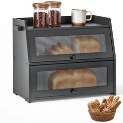 VEVOR Brotkasten mit 2 Acrylfenstern 464 x 251 x 361 mm Bambusholz Schwarz für Bagels, Muffins & Selbstgebackenes Brot, Brotbox mit Magnetverschluss, Seitenhaken & Belüftungslöchern, Brotkiste Küche