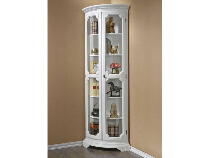 Teilmassive Eckvitrine mit gebogenen Glastüren mit Schloss, Weiss, klein, 2-türig