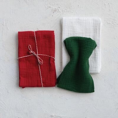 Storied Home Woven Cotton Double Cloth Tea Towels with String and Bells, Set of 3