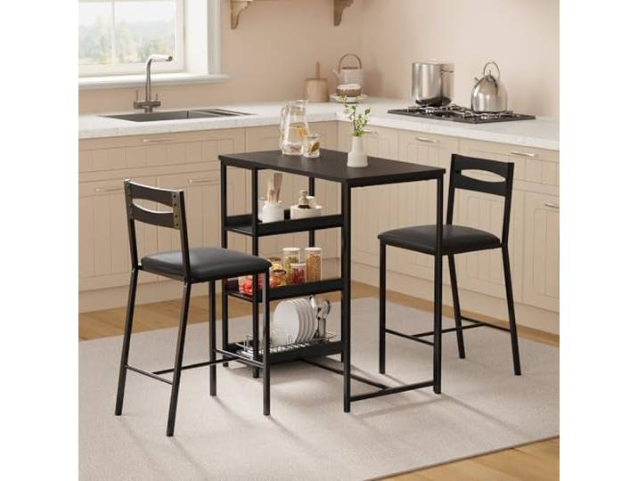 IDEALHOUSE 3-teiliges Esszimmer-Set für 2 Personen – rechteckiger Barhoch-Tisch mit Ablagefach + gepolsterte PU-Stühle – platzsparend, wasserabweisend – schwarzer Rahmen + schwarzes Holzdekor