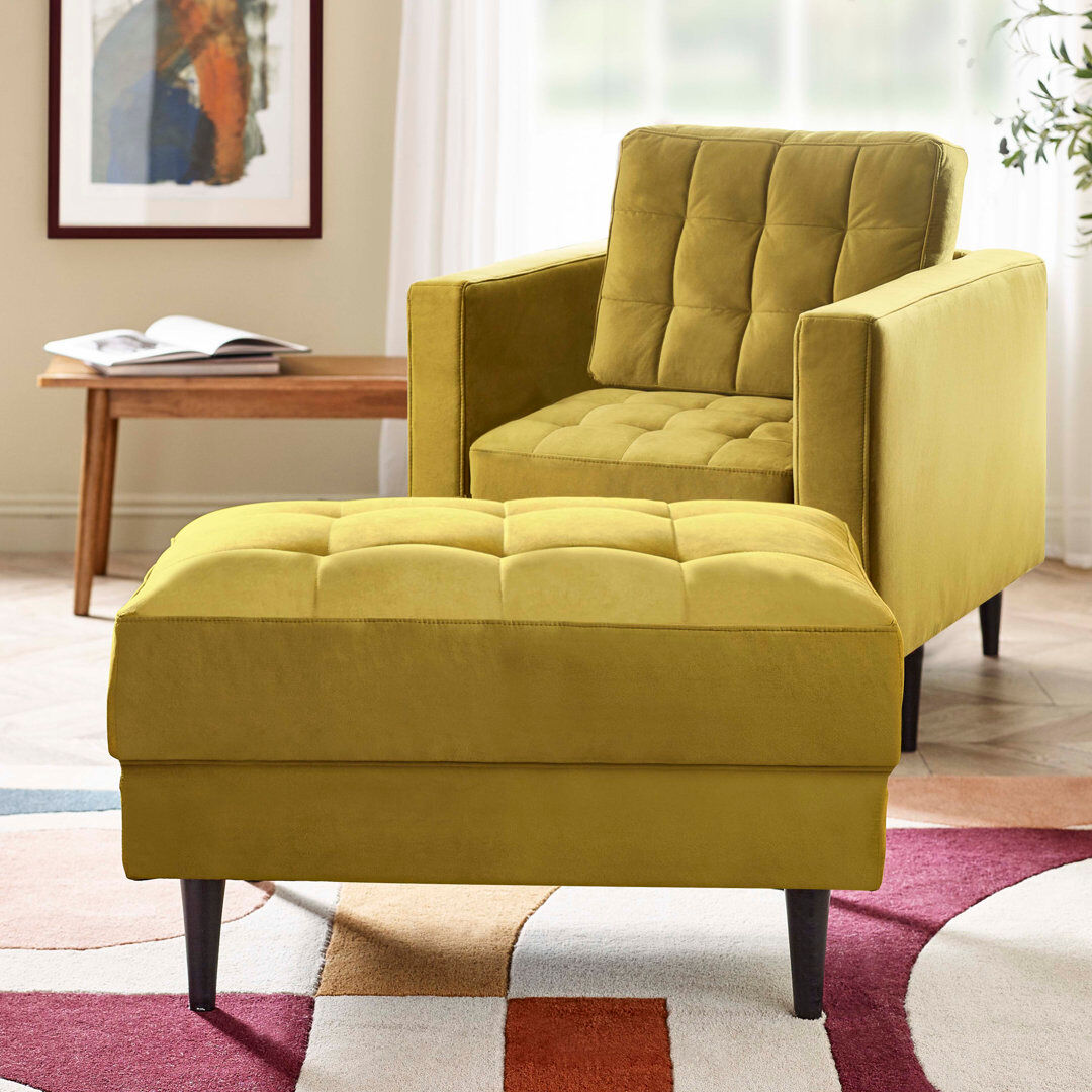 17 Stories Jodi Velvet Footstool - Upholstered Modern Retro Fabric Stylish & Contemporary Mustard 47cm H X 86cm W X 70cm D