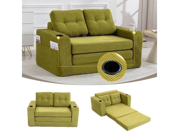 Canapé convertible 2 places VUENOR - Canapé Lit vert olive – porte-gobelets