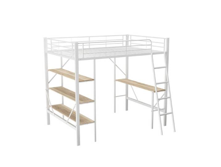 Rutaqian Hochbett Bettgestell Metallbett, Eisenbett, Hochbett 90x200 cm (Hochbett mit Schreibtisch und drei großen Ablagen) für Kinder, Jugendliche und Erwachsene,schwarz /Weiß