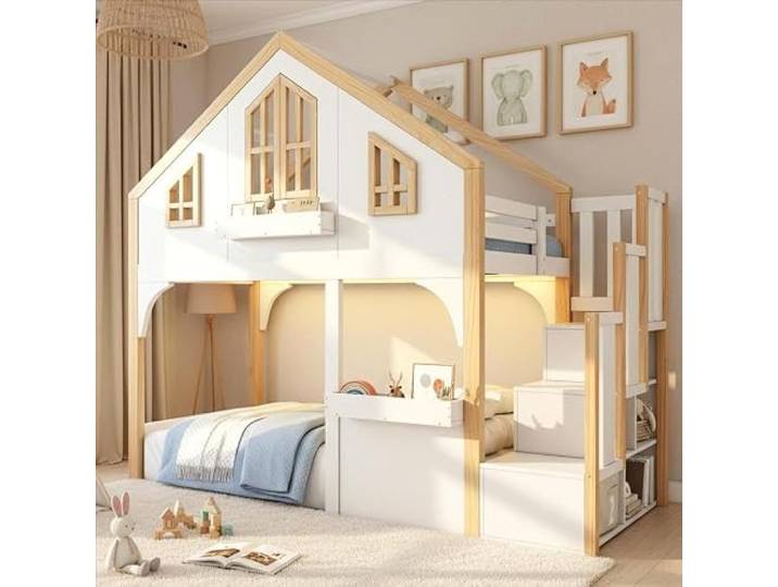 Merax Etagenbett 90x200 cm, aus Holz, Hochbett Kinderbett im Hausbett-Design mit Fensterform, LED-Beleuchtung und Stauraumtreppe, Kiefernholz und MDF, weiß & naturfarben (ohne Matratze