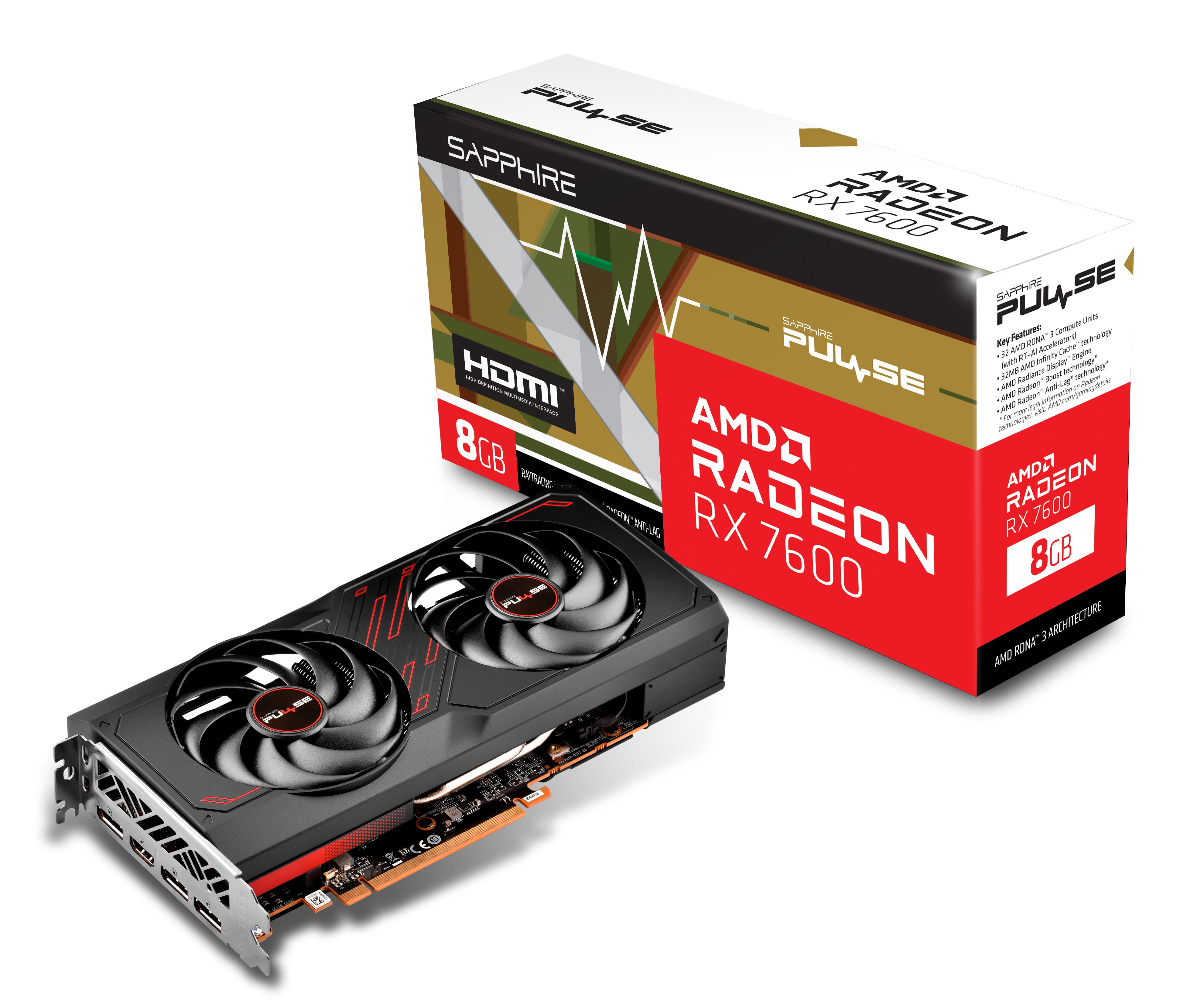 SAPPHIRE AMD Radeon RX 7600 PULSE Gaming Grafikkarte 8GB GDDR6 HDMI/3xDP 11324-01-20G