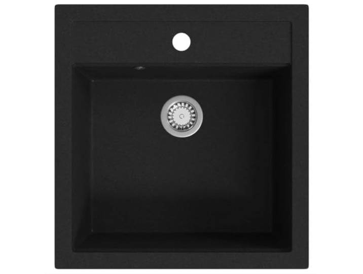 Xhnifbn Granitspüle Einzelbecken Einbauspüle 49x51cm Schwarz Hitzebeständige Quarzspüle für die Küche, schmutzabweisend gestaltet mit Siebkorb passend für 50 cm Unterschränke.